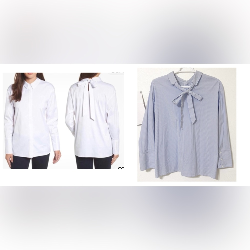 Halogen White and Blue Button Down Shirt Tie Back Bow Elevate Your Wardrobe